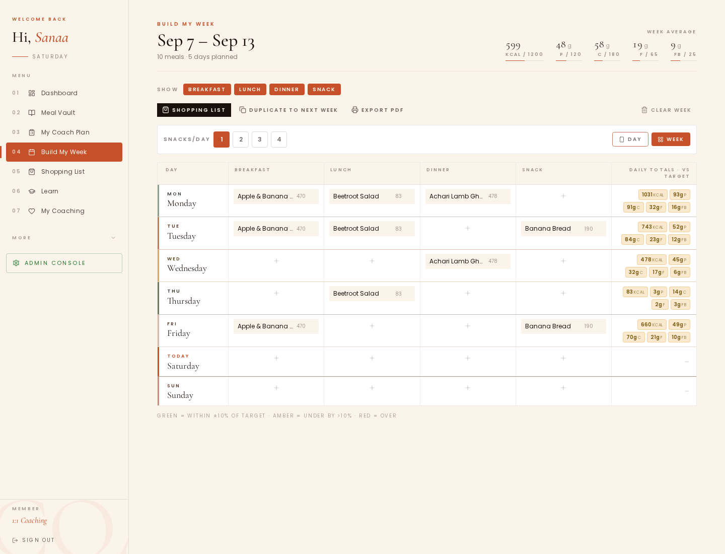 Populated desktop Build My Week meal planner