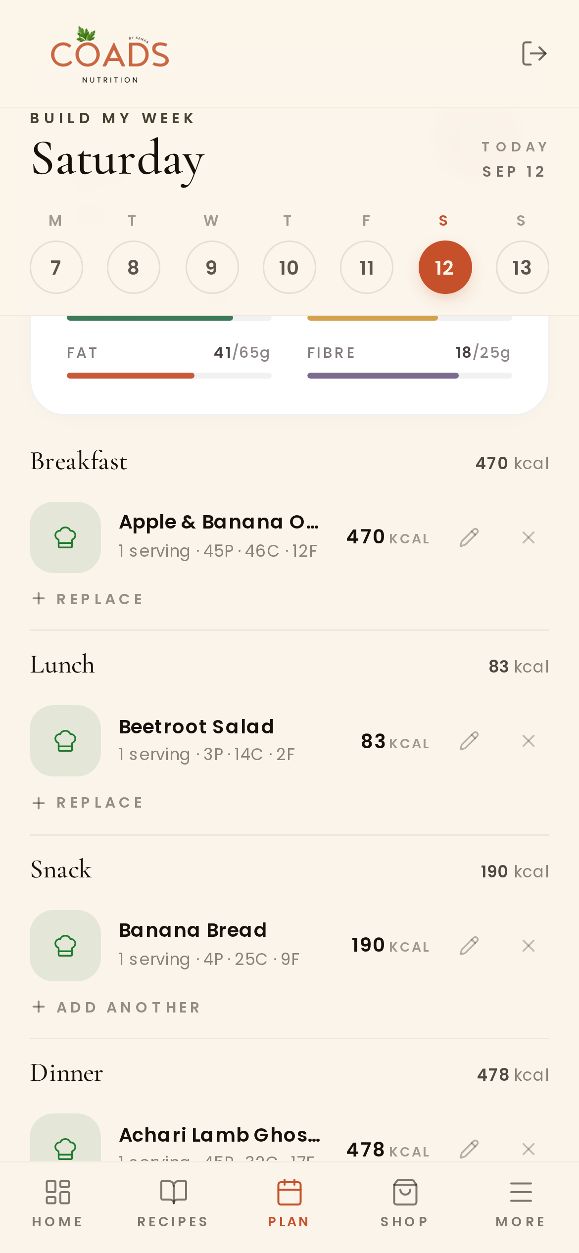 Populated mobile Build My Week day planner with macro totals